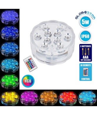 GloboStar® 79626 Υποβρύχια Διακοσμητική Φωτιζόμενη Βάση LED 5W για Μπουκάλια - Ποτήρια - Βάζα - Ναργιλέ Μπαταρίας με Ασύρματο Χειριστήριο IR Αδιάβροχη IP68 Πολύχρωμη RGB Dimmable